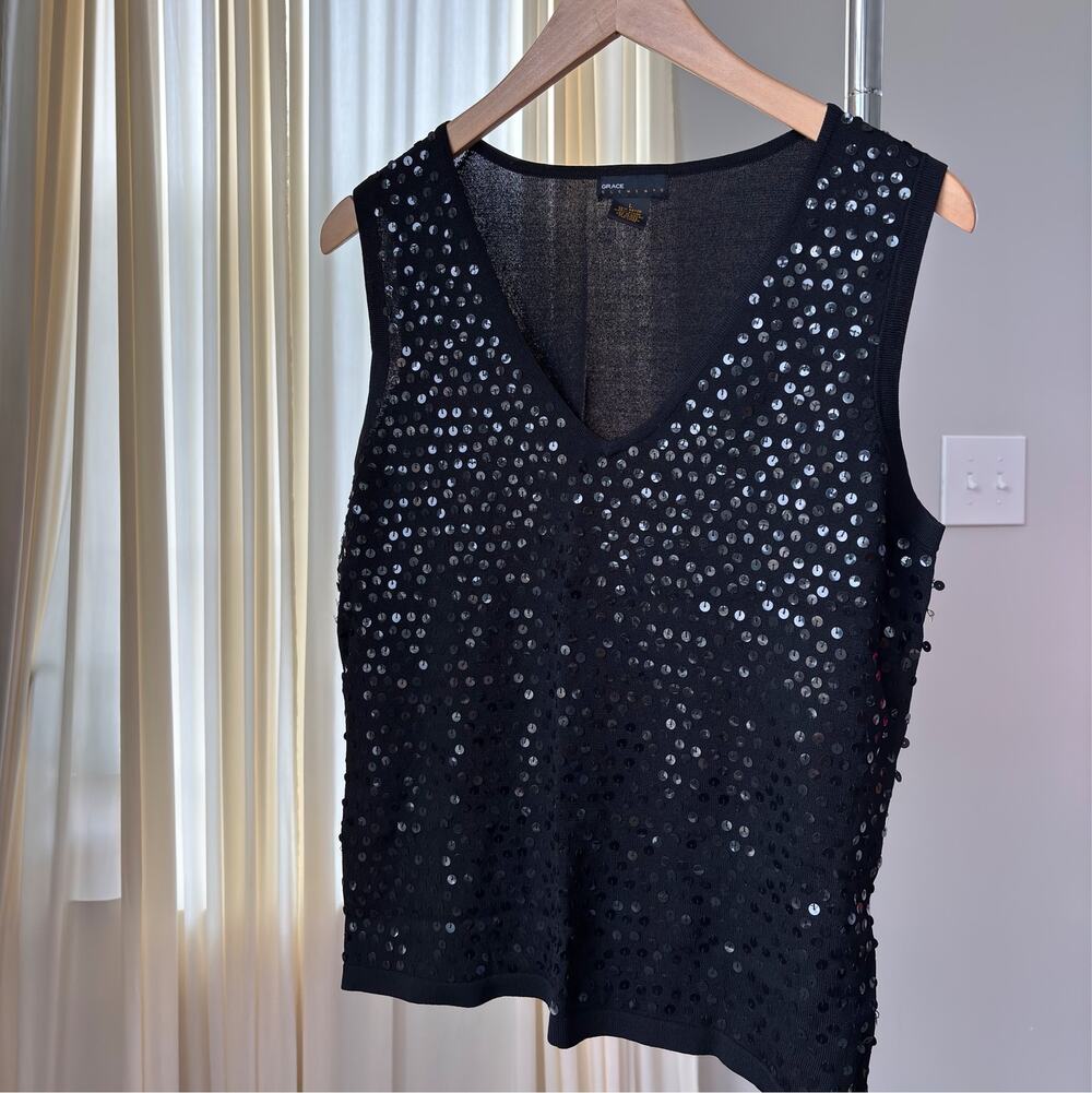 2000s Vintage Grace Elements Black Sequin Top Y2K Party Clubwear Festival Size L